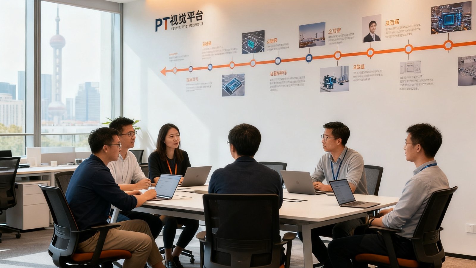 PT视讯平台上海总部办公区内，跨学科团队成员正在开放式会议室中讨论技术方案，背景墙展示着公司发展历程的时间线
