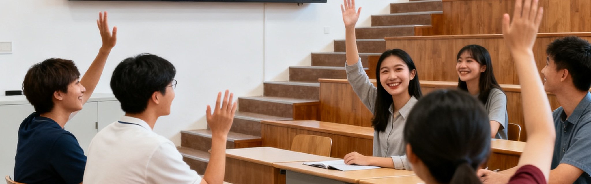 大学阶梯教室内学生通过PT视讯互动课堂系统的大屏幕与海外教授进行实时跨国连线教学，课堂气氛活跃