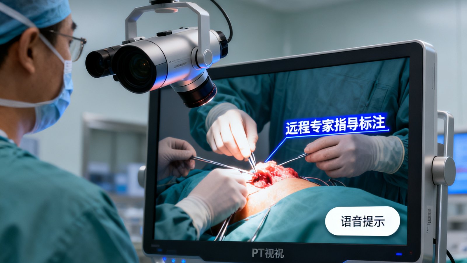 手术室内高清摄像头对准手术区域，PT视讯平台终端设备屏幕实时显示远程专家的指导标注和语音提示